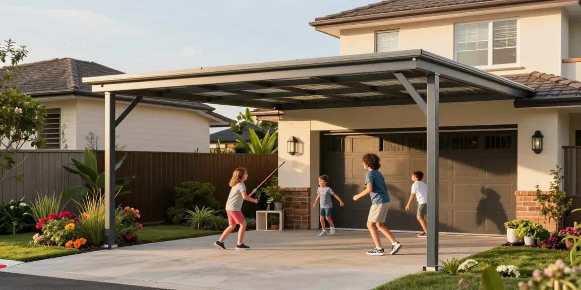 Schöner Carport in einem Wohngebiet mit einer Familie, die im Garten spielt.
