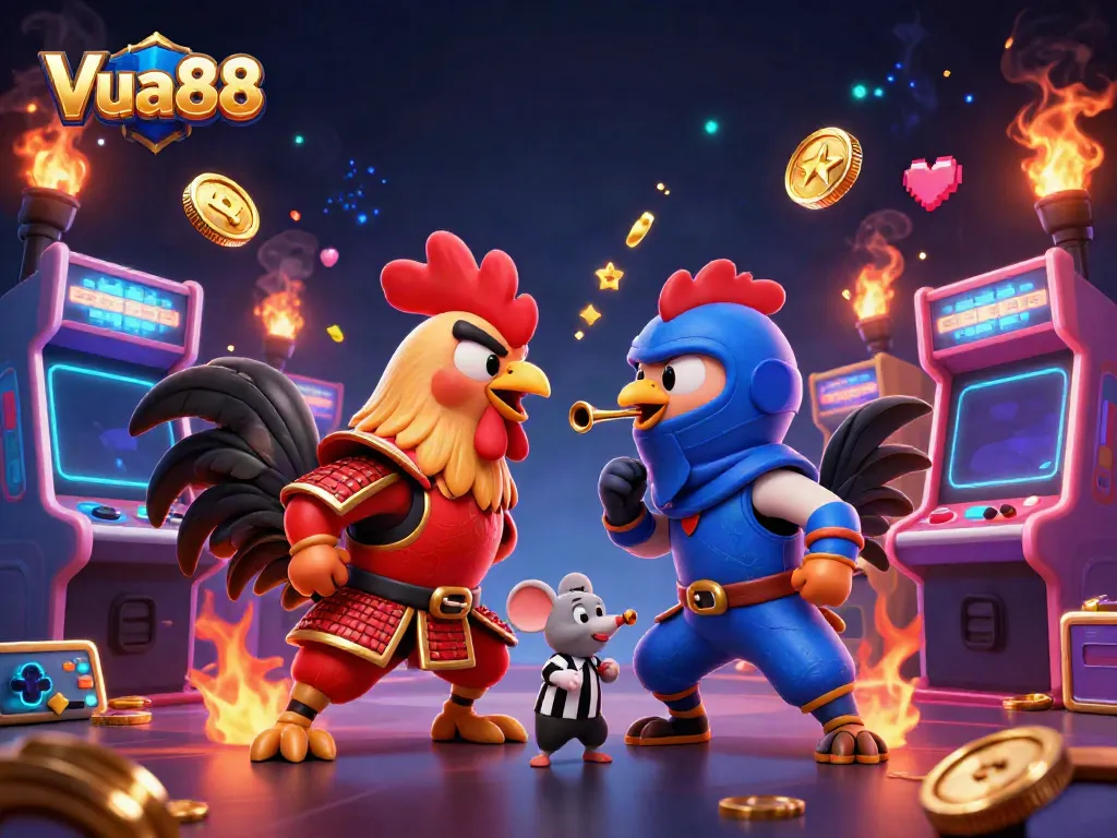 Engage in high-stakes action at Vua88 with dynamic fighting roosters in a vibrant casino scene.