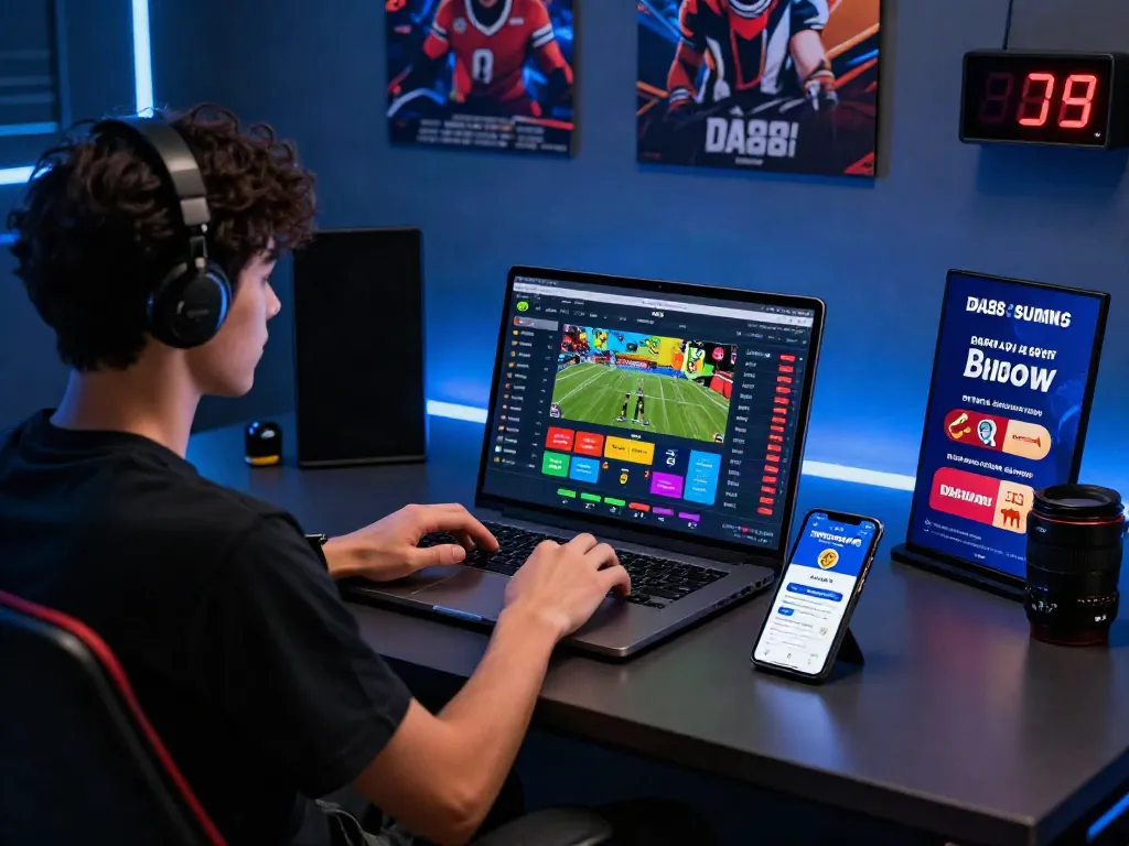User engaging in dynamic sports betting on the DA88 platform with a laptop and smartphone.