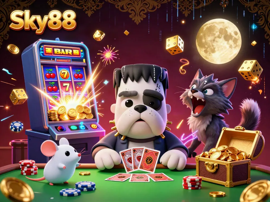 Experience thrilling games at Sky88 with a magical 3D digital casino scene featuring popular elements.