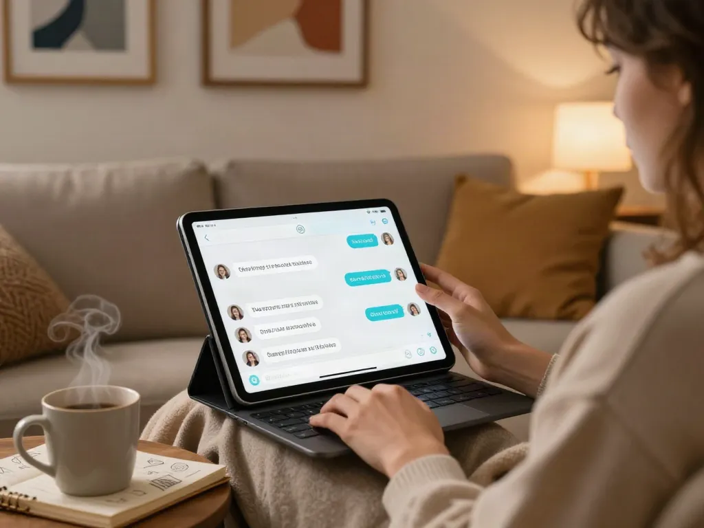 Engaging virtual spicy AI chat on a cozy couch, showcasing digital interaction.