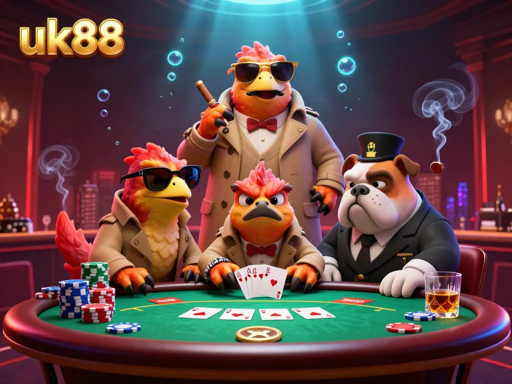 Join the fun at uk88 with vibrant betting action in a colorful casino scene featuring quirky cartoon raptors.