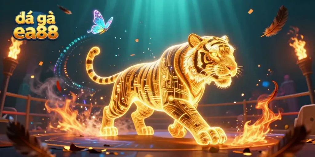 Experience the thrill of đá gà ea88 with a stunning digital illustration of a neon golden tiger in a cockfighting arena.