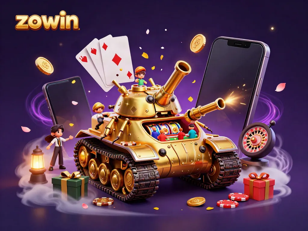 Zowin's vibrant 3D casino scene shows a golden beetle tank housing a miniature casino with patrons and slot games.