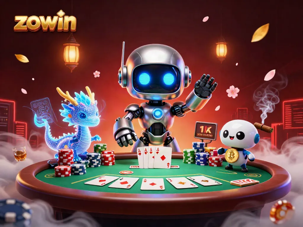 Zowin offers a vibrant casino experience with a robot mascot, AI dragon, and bitcoin drone in an engaging poker scene.
