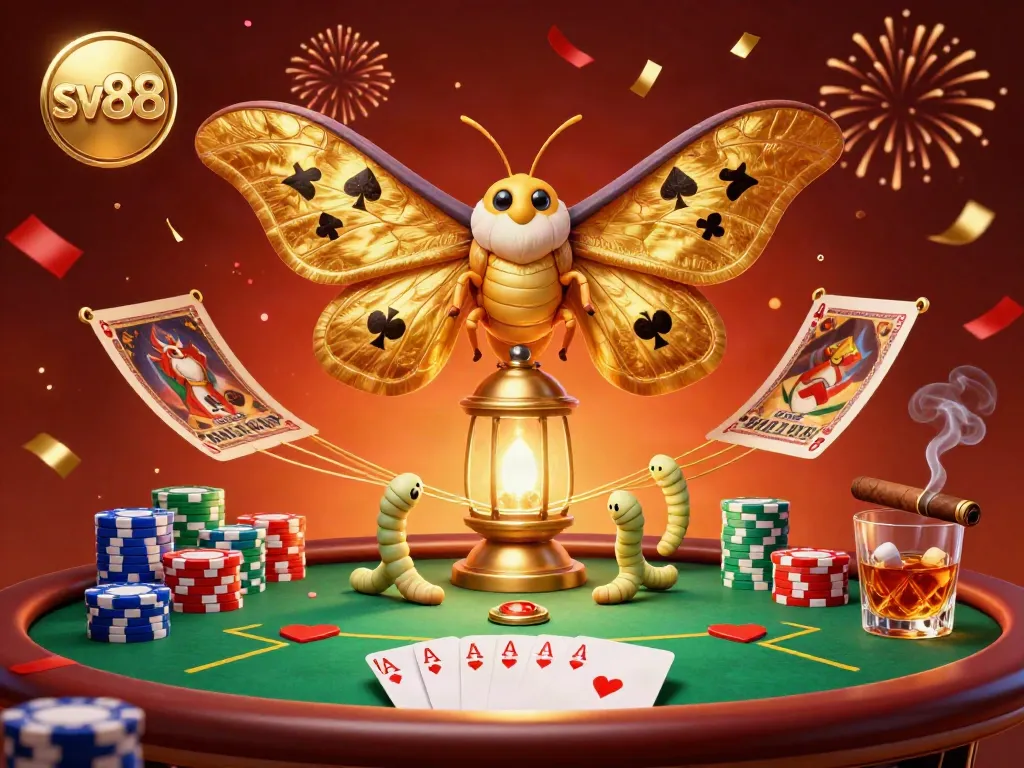 Experience the excitement of sv88 as a majestic moth reveals its golden wings at a lively casino scene.