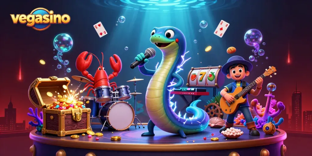 Bet and win at Vegasino with a lively underwater casino scene showcasing electrifying characters and treasures