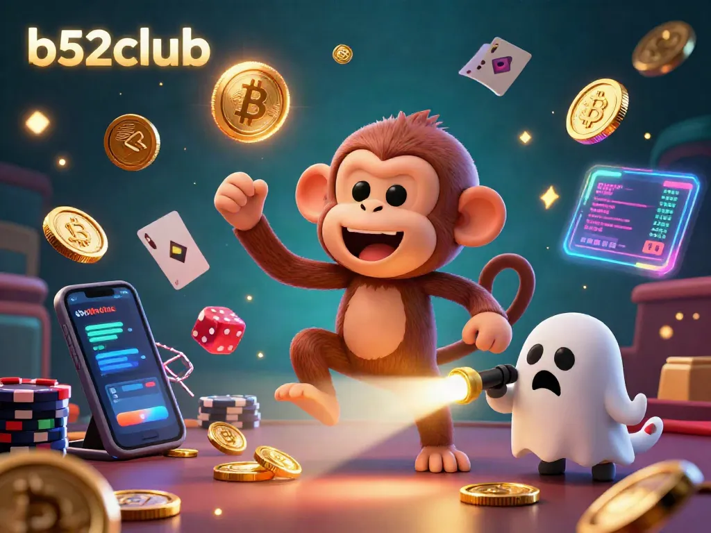 Engage with the dynamic b52club casino scene featuring a playful ghost-hunter puppy tracking a mischievous monkey juggling golden coins.