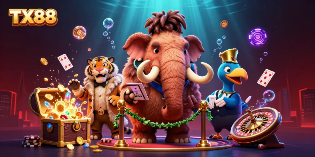 Score big at TX88 with a dynamic 3D scene featuring a bouncer, VIP tiger, and dodo doorman among casino elements.