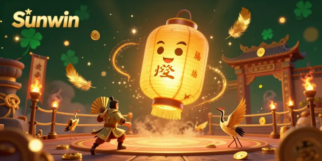 Spin the reels with Sunwin at this vibrant casino, showcasing golden lanterns and lucky symbols.