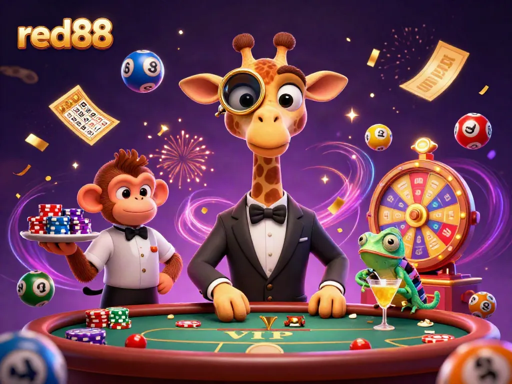Experience thrilling gameplay with red88's vibrant casino scene featuring colorful games and skilled characters.