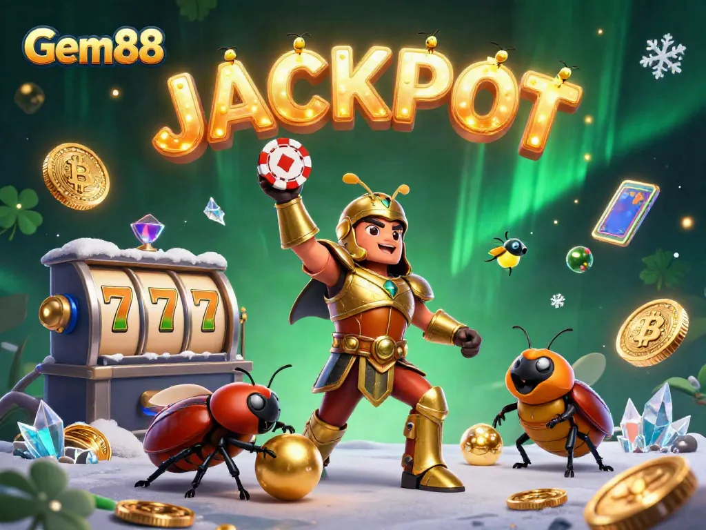 Experience Gem88's vibrant casino scene with a victorious beetle and sparkling jackpots.