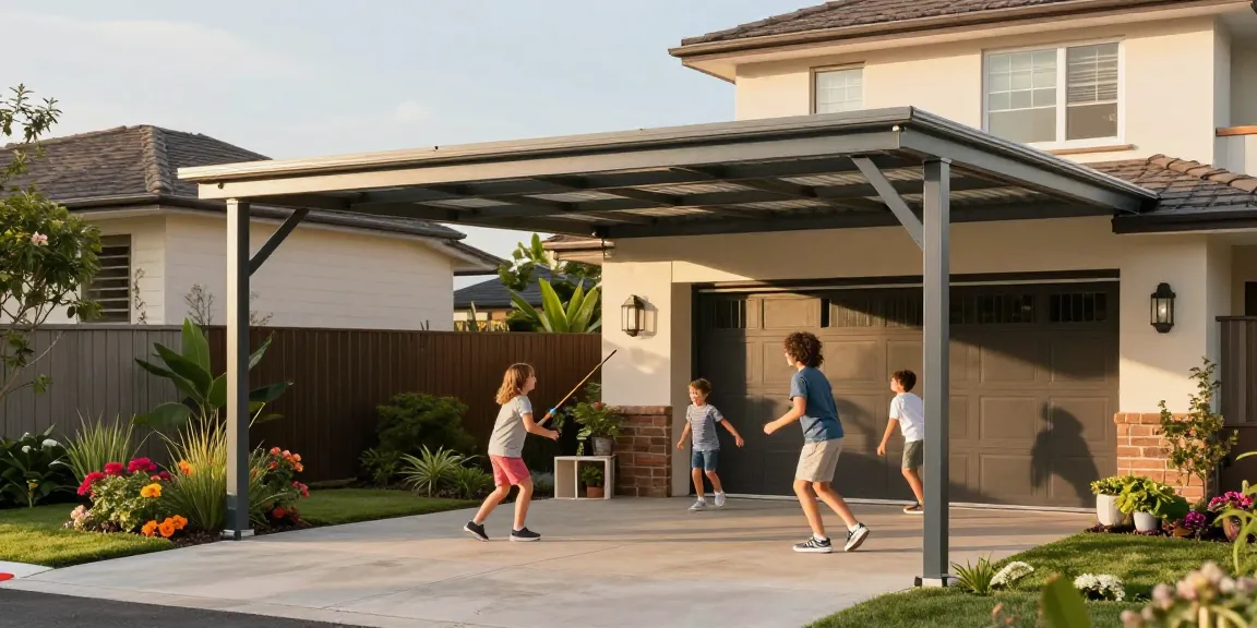 Schöner Carport in einem Wohngebiet mit einer Familie, die im Garten spielt.