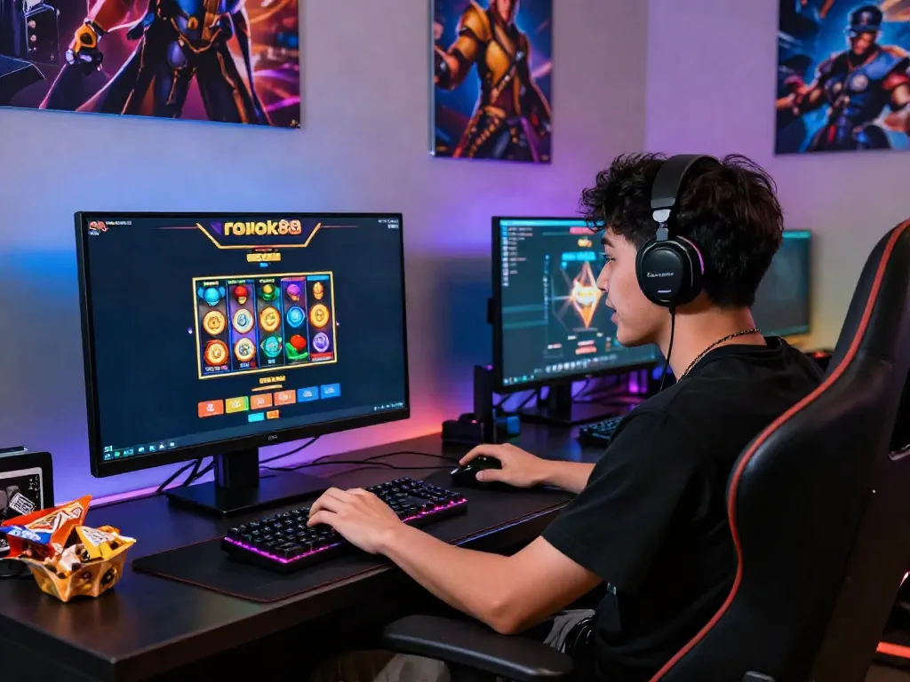 Engaged player enjoying rokok88 slot game on a high-resolution monitor in a vibrant gaming environment