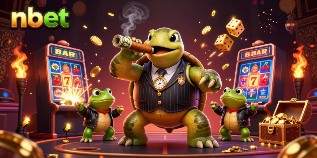 Experience nbet with a dynamic 3D illustration showcasing a casino scene bursting with action.