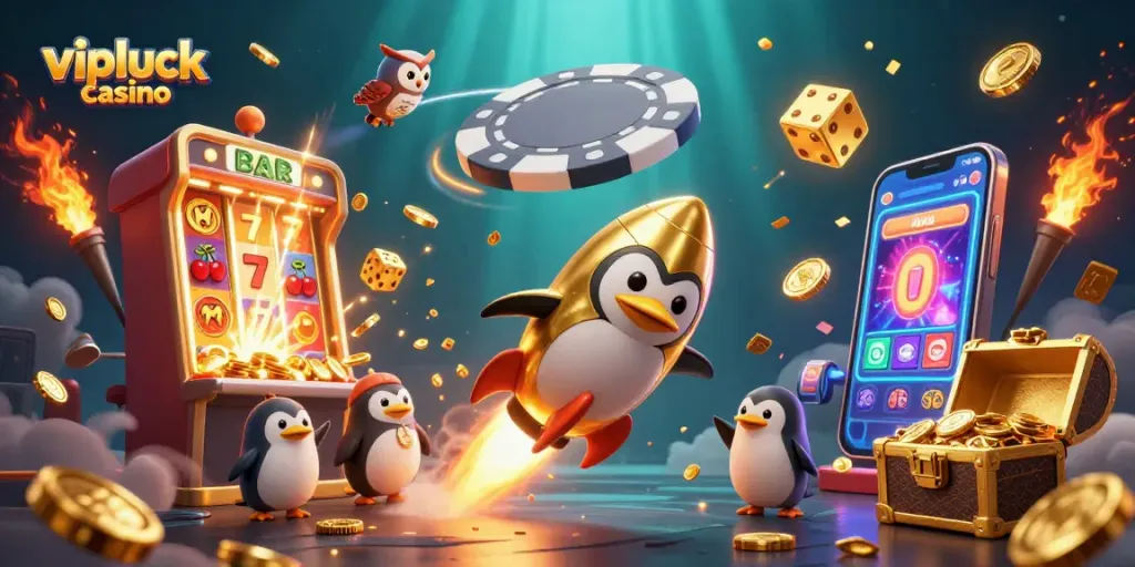 Experience the thrill with vipluck casino as the golden penguin blasts off surrounded by vibrant casino elements.