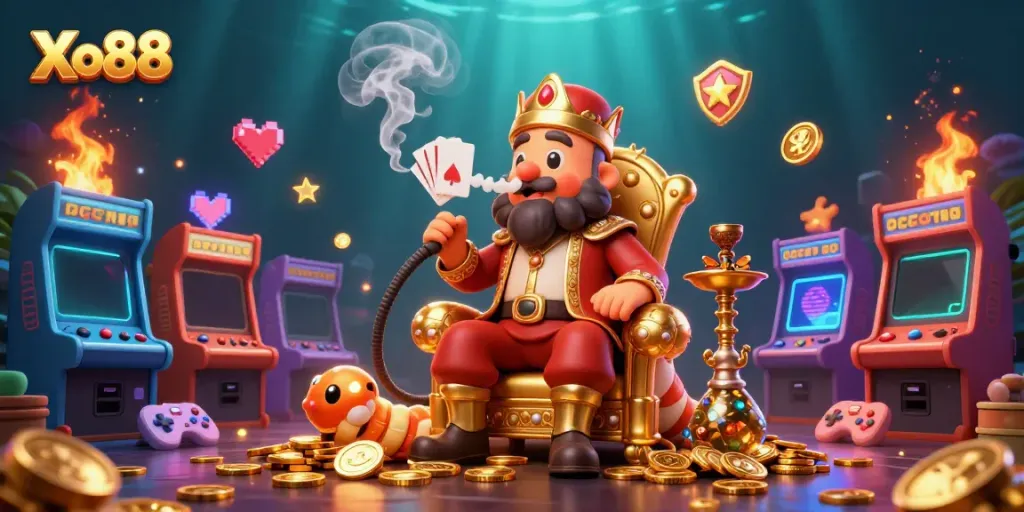Xo88 combines vibrant gaming elements in a magical 3D illustration, showcasing a whimsical caterpillar and dynamic casino features.