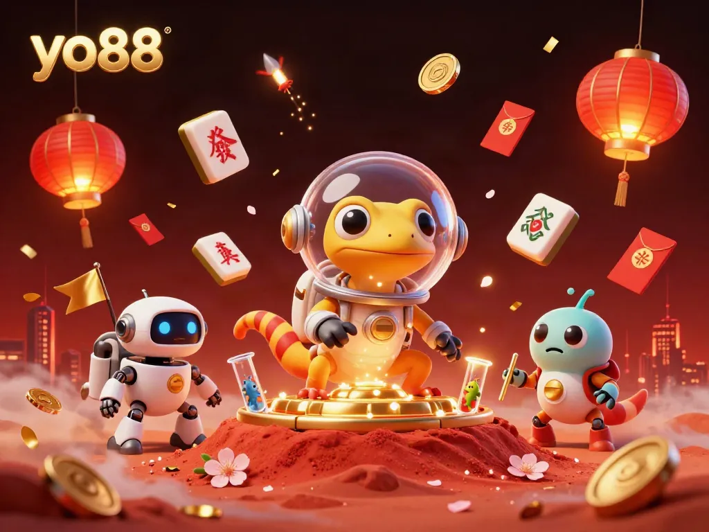 Experience an exciting game at yo88's golden casino on Mars with upbeat characters and dynamic elements!