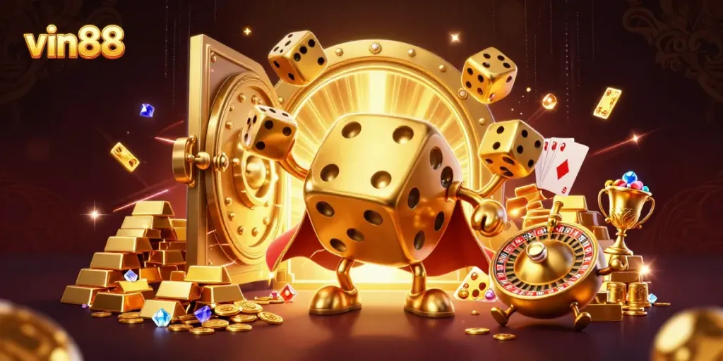 Engage in thrilling gameplay at vin88 with vibrant 3D casino characters and dynamic gold treasures.