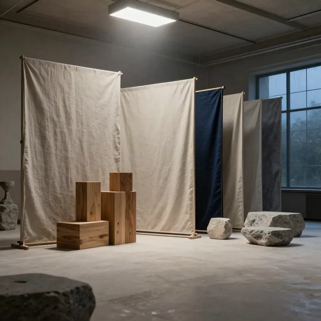 Monumentale Transformations-Installation aus Leinen, Holz und Stein im Beratungsraum.