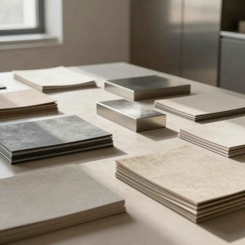 Strategieraum mit Materialswatches, neutralen Ordnern und klar ausgerichteten Plinths