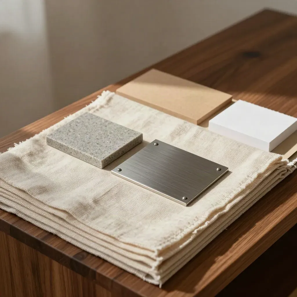 Materialbibliothek für Markenentwicklung mit Leinen, Kraftpapier, Stein und Metall auf warmem Holz.