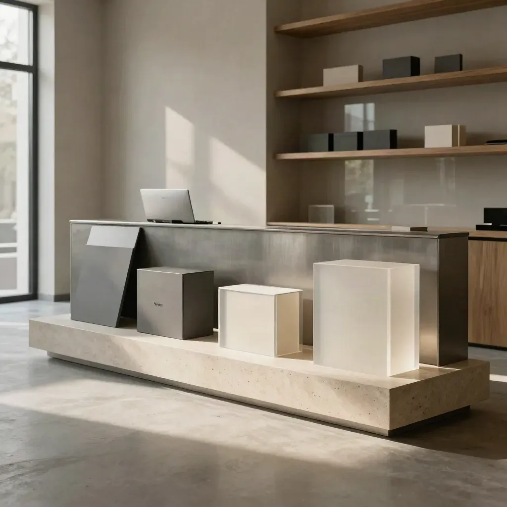 Launchbereiter Start-up-Empfang mit Boxen, Acrylblöcken und Dock-Formation im Morgenlicht.
