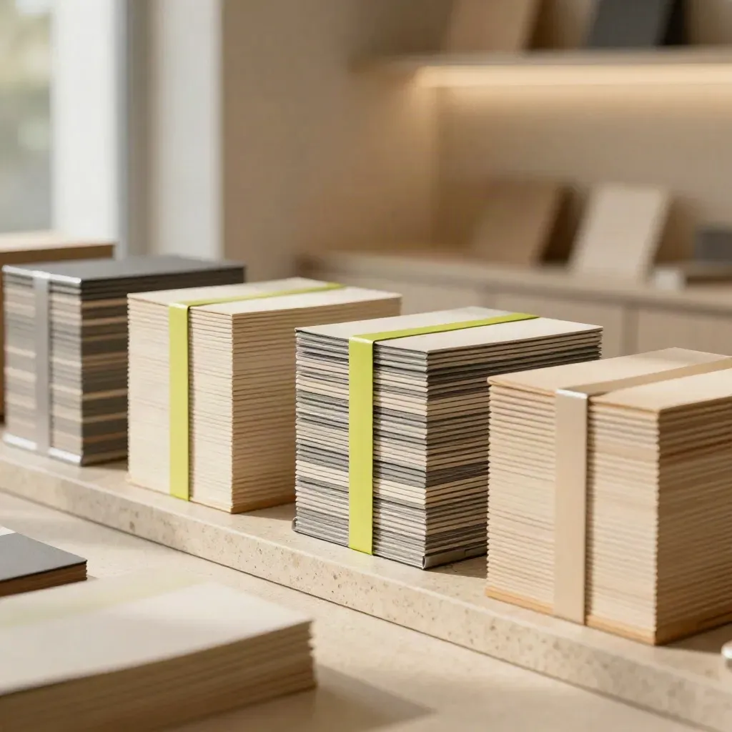 Detail eines modernisierten Showrooms mit Musterpaketen und sauberen Sockeln
