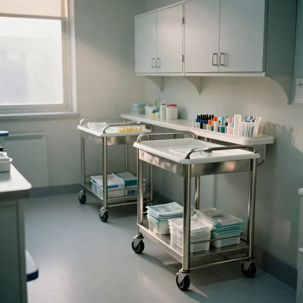 Ruhiger Klinikgang mit ordentlich ausgerichteten Wagen und farbsortierten Ablageschalen.