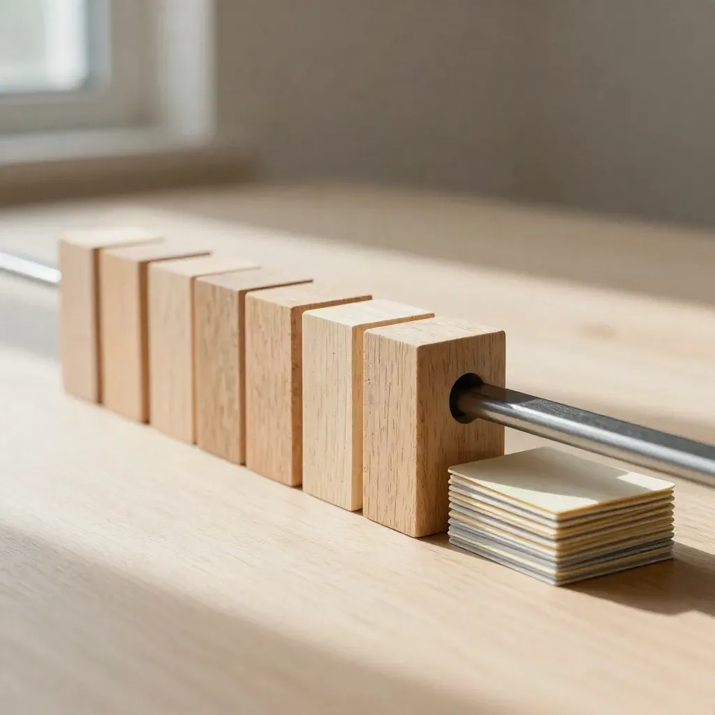 Holzblöcke, Metallschiene und Aufgabenmarken auf hellem Holz, klar in Reihe gesetzt.