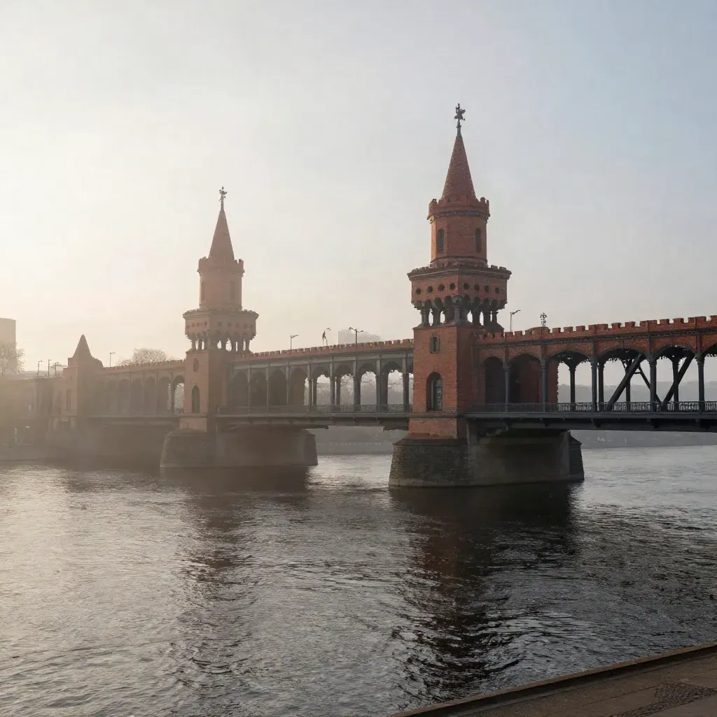 Oberbaumbrücke im Morgennebel über der Spree, ruhig und weit