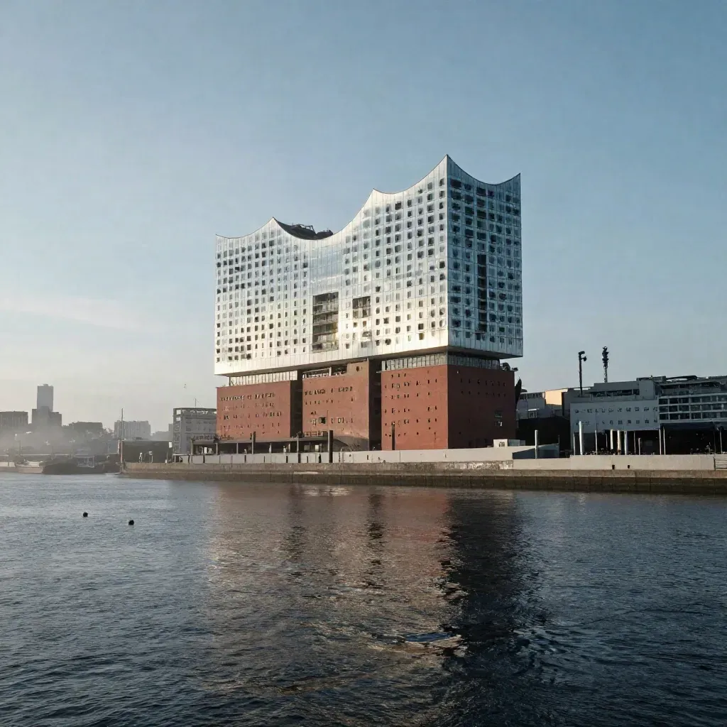 Die Elbphilharmonie über ruhigem Hafenwasser im goldenen Abendlicht