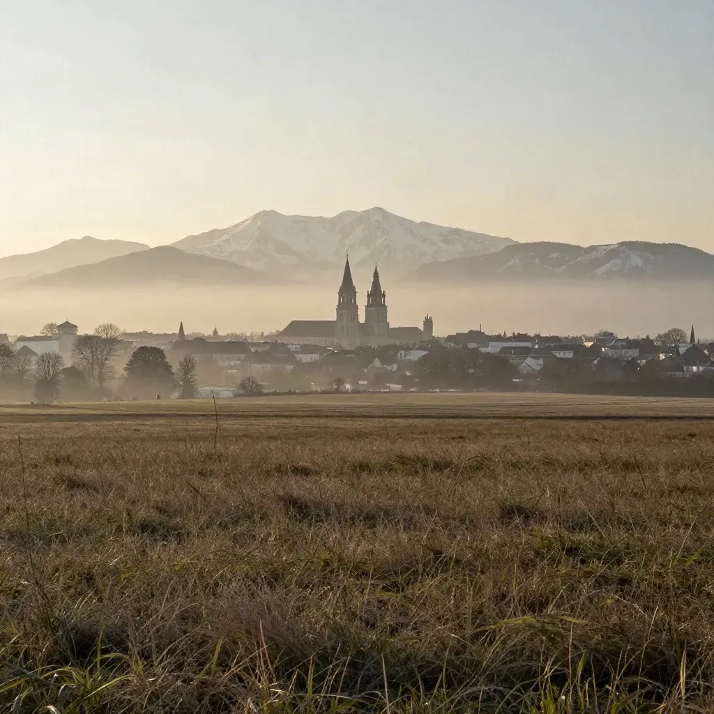 Münchner Silhouette mit Frauenkirche im Abendlicht, Alpenleuchten und stiller Wiesenfläche