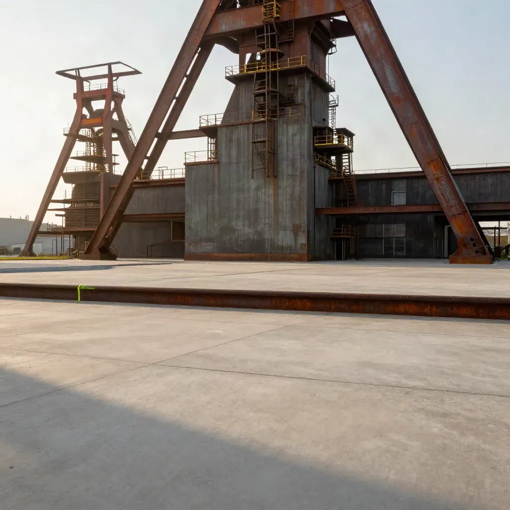 Zollverein-Silhouette über ruhigem Betonhof im warmen Dunst
