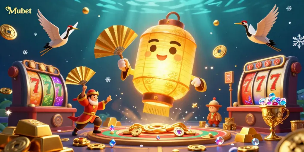 Mubet casino scene with a giant golden lantern spirit and vibrant slot machine elements generating excitement and luck.