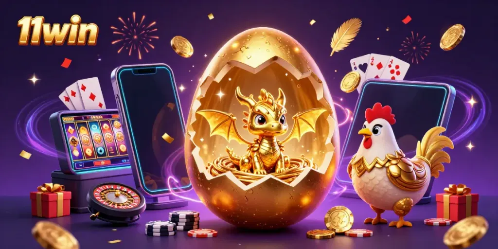 Experience thrilling gaming at 11win with a baby dragon in a golden nest of poker chips.