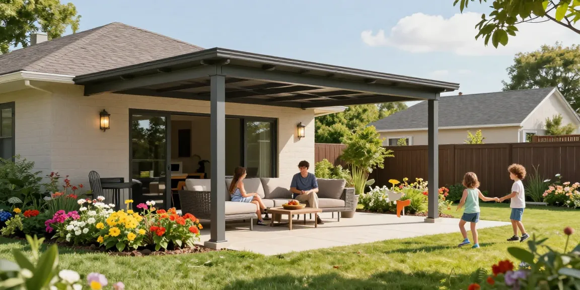 Freistehende Terrassenüberdachung mit Familie im Garten an einem sonnigen Tag
