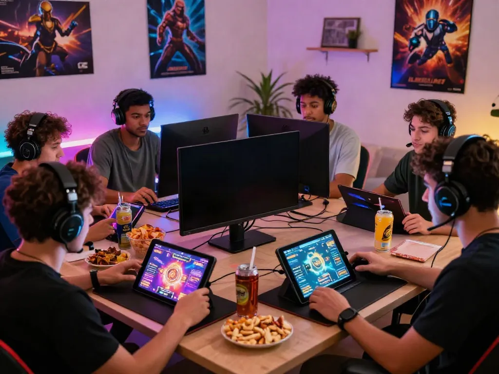 Group of friends enjoying game Uk88 in a vibrant gaming setup.