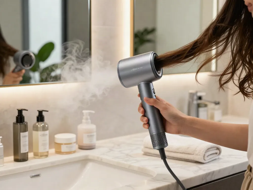 Luxuriöser Laifen Fön auf Marmorwaschtisch in modernem Badezimmer.