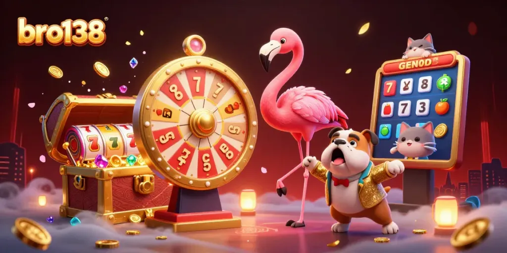 Spin the prize wheel with bro138 to win exciting jackpots and slots in a vibrant 3D casino scene.