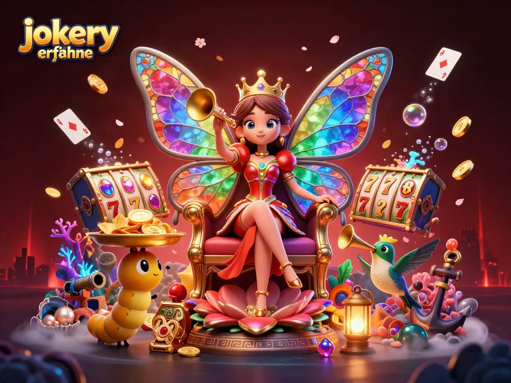 Engage with jokery erfahrungen through vibrant casino-themed 3D illustration showcasing a lively butterfly queen.