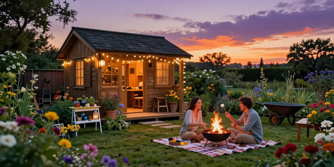 Wunderschönes Gartenhaus umgeben von blühendem Grün, romantische Abendstimmung mit Feuerschale.