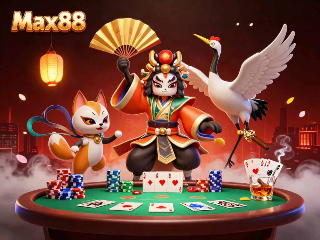 Max88 features a vibrant 3D casino scene with kabuki characters and poker elements, showcasing dynamic gambling action.