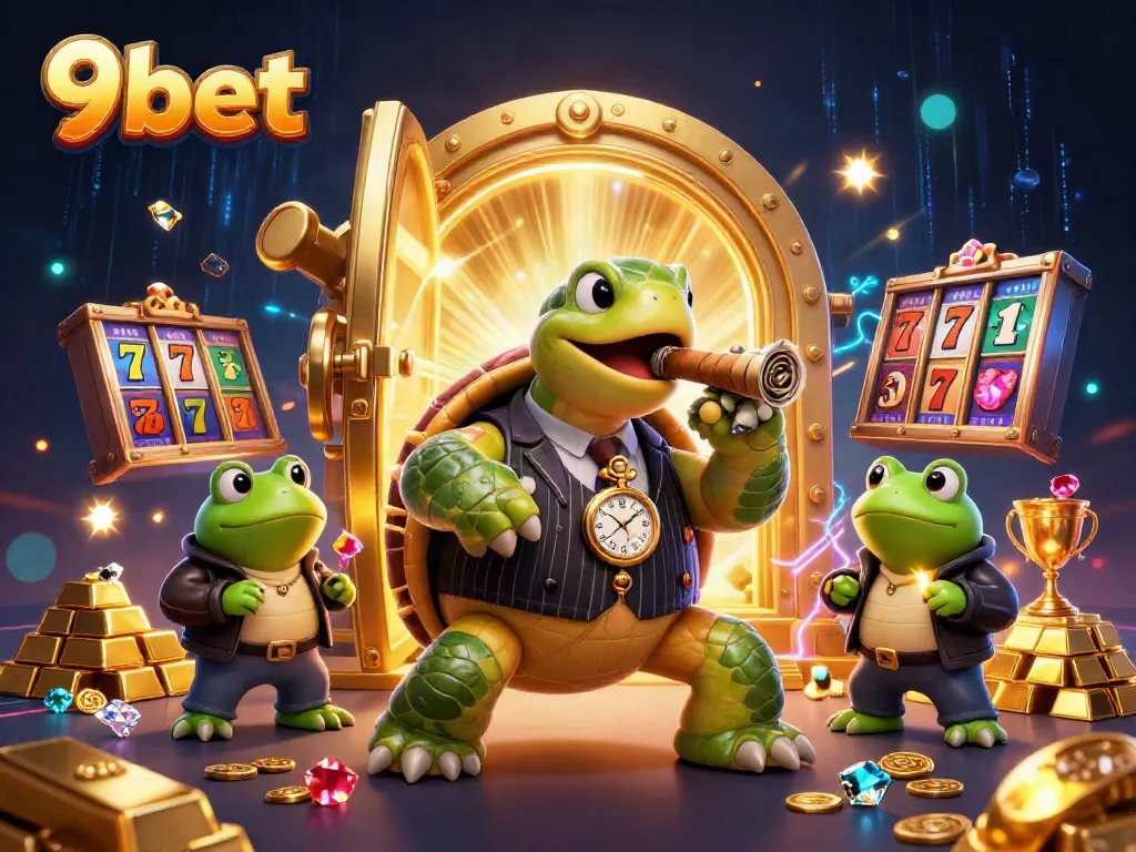 Experience the thrill of 9bet with a vibrant, detailed 3D casino scene featuring a snapping turtle and bullfrog enforcers.