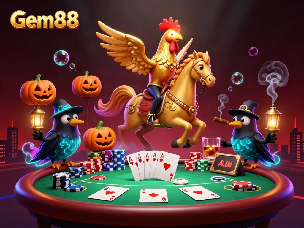 Experience Gem88's vibrant casino scene featuring a golden rooster and poker elements.