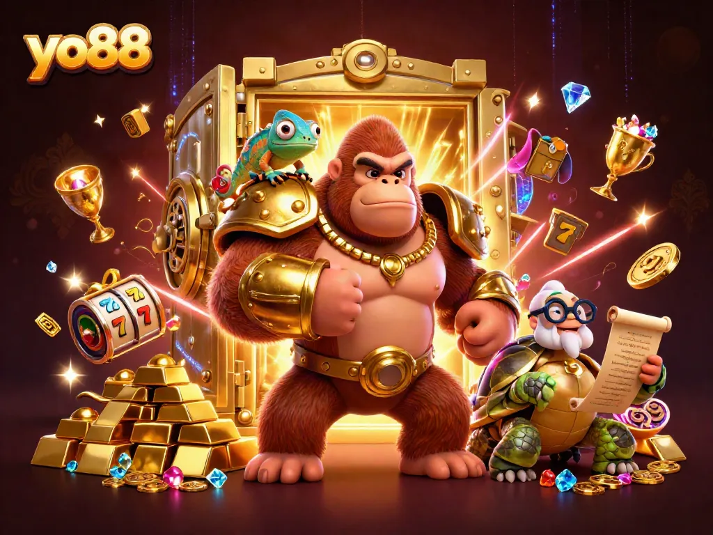 Experience the thrilling world of yo88 with a vibrant scene featuring a mighty gorilla king, a colorful chameleon, and a wise tortoise among slot reels and treasures.