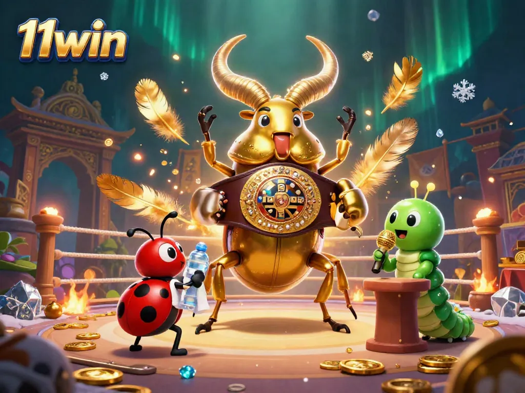 Engage with 11win's thrilling casino scene featuring a golden stag beetle champion and lively betting elements.