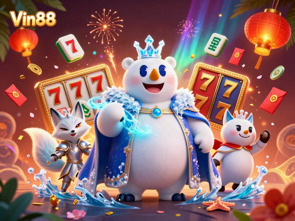 Play slots with excitement at Vin88, where cartoon characters and casino elements create a vibrant gaming scene.