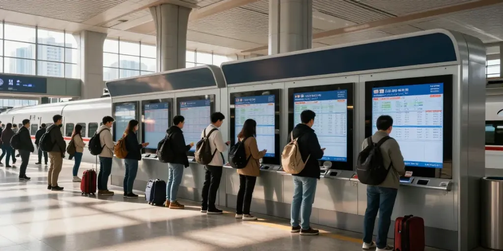 Menschen, die Tickets für Hochgeschwindigkeitszüge an einem modernen Bahnhof kaufen und Reisevorbereitungen treffen.