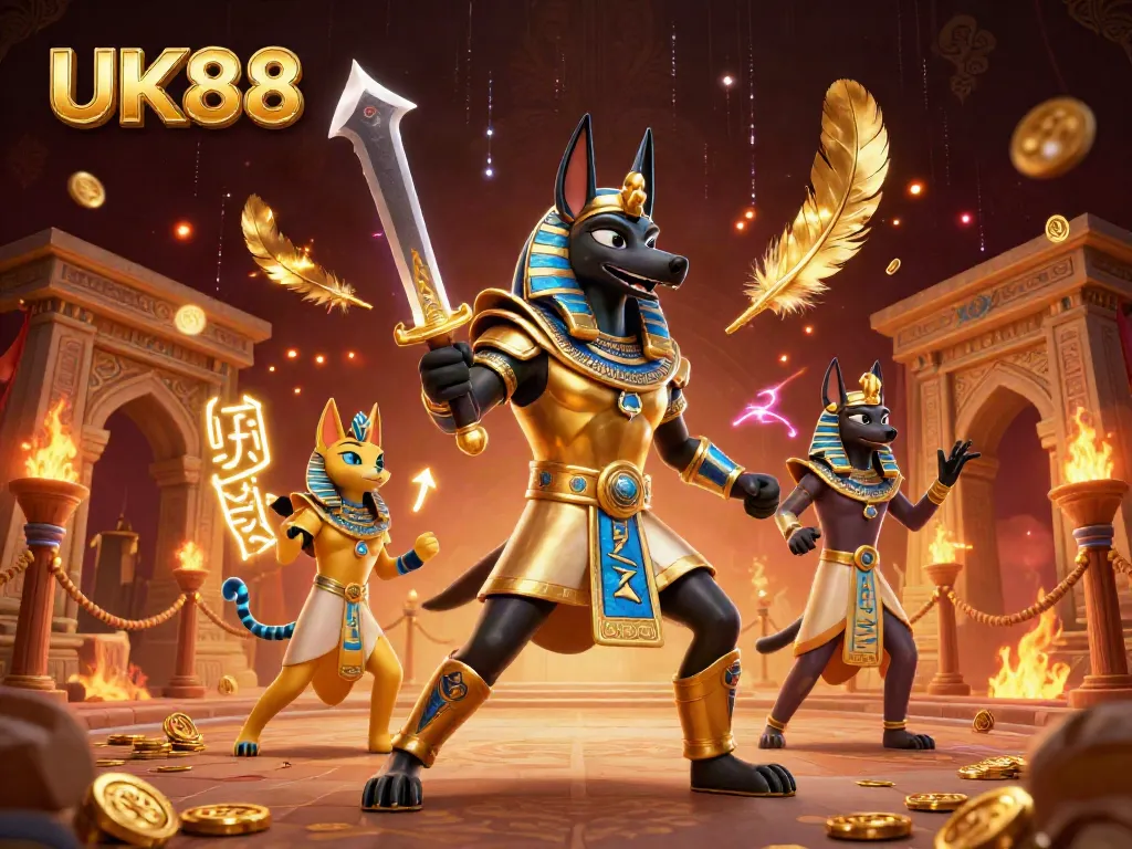 Experience the best of online gambling with UK88 through ancient themed illustrations featuring Anubis and Bastet.